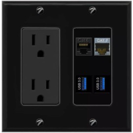 Wall Plate City CAT6 CAT7 2 USB-3 Port Wall Plate Black w Power Outlet