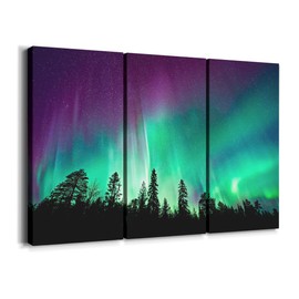 Renditions Gallery Northern Lights Wall Art Nature Star Night Landscape Print 12x24 inches x 3 pieces Aurora Borealis Wall Pictures Wooden Framed Stretched Print on Canvas for Living Room Bathroom Bedroom Office Decoration