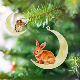 Animals Sitting On The Moon Ornaments for Christmas Tree - Bunny Christmas Ornament - Acrylic Bunny Ornament - Christmas Tree Decor - New Year