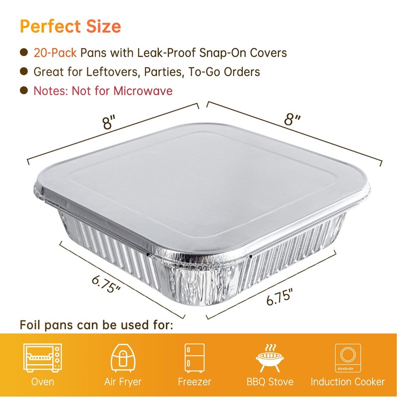 Ezsart 8x8 Aluminum Pans with Lids - 20 Pack Disposable