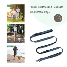 Bungee Hands Free Dog Leash - Adjustable Waist Belt (20.5-41 Inch) for Running & Walking, Shock Absorbing Lead with Reflective Strips & Poop Bag Clip (Blue)