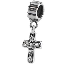 Quiges 925 Sterling Silver Cross Dangle Bead Charm with Zirconia