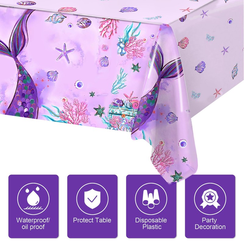 Mermaid Tablecloth - 3PCs, Purple w/ Mermaid Design - Birthday/Baby