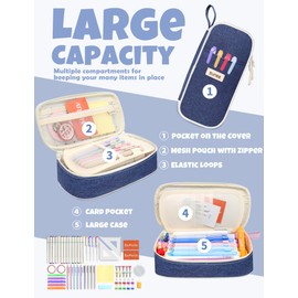 SUNEE Cute Pencil Case, Aesthetic Pen Pouch, Colored Large Pencil Bag with Zipper, Kawaii Stationery Storage and Organizer, School Supplies for Teen and Adult Girls, Navy Blue