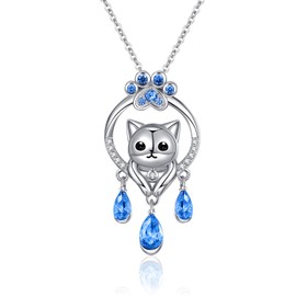 Tiehuoxia Cat Necklace Sterling Silver Blue Animal Teardrop Stone Pendant Jewelry Birthday Gifts for Women Friends Daughter Granddaughter (Cat necklace-blue stone)