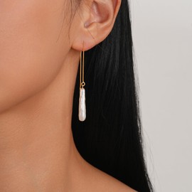 JaruJaru Freshwater Pearl threader Earrings for Women-Vermeil Chain Thread, Big Baroque Keshi Pearls, Sterling Silver Gold Plated Long Dangle/Drop Feminine Dainty Earrings with Jewellery Box