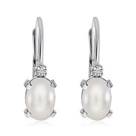 14k White Gold Oval Freshwater Cultured Pearl and Diamond Leverback Earrings