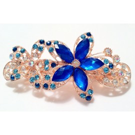 Bridal Hair Accessories Hair barrette-Bow and floral design hair clip Barrette style, Blue with diamond, crystal, and rhinestone accents