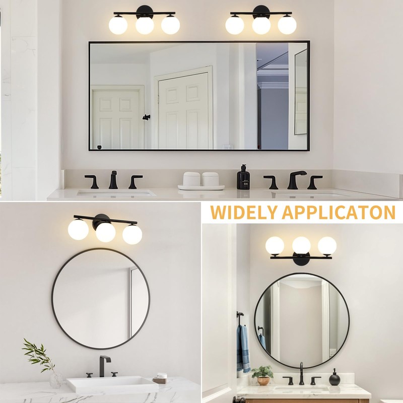 foucasal Black Globe Bathroom Light Fixtures 3-Light Vanity Light with