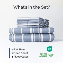 Extra Deep Queen Sheet Set - 6 Piece Breathable and Cooling Sheets - Hotel Luxury Bed Sheets Set - Easy Fit - Soft, Wrinkle Free and Comfy Sheets Set - Blue Striped Sheet Set with Extra Deep Pockets