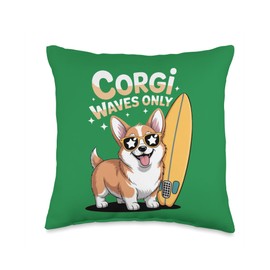 Cute Corgi Surfing Beach Waves Summer Vibes Funny Dog Throw Pillow