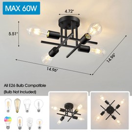 EGM Kitchen Ceiling Light Fixtures Matte Black, 4-Light Modern Sputnik Chandelier with E26 Bulb Base, Close to Ceiling Light for Dining Room Farmhouse Kitchen Bedroom (2 Pack)