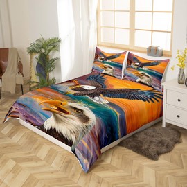 Eagle Animal Bedding Set for Kids,Mountain Orange Sunset Comforter Cover with Zipper Closure,Natural Secnery Oil Painting Bedding Set Twin Size,Boys Girls Ultra Soft Quilt Cover