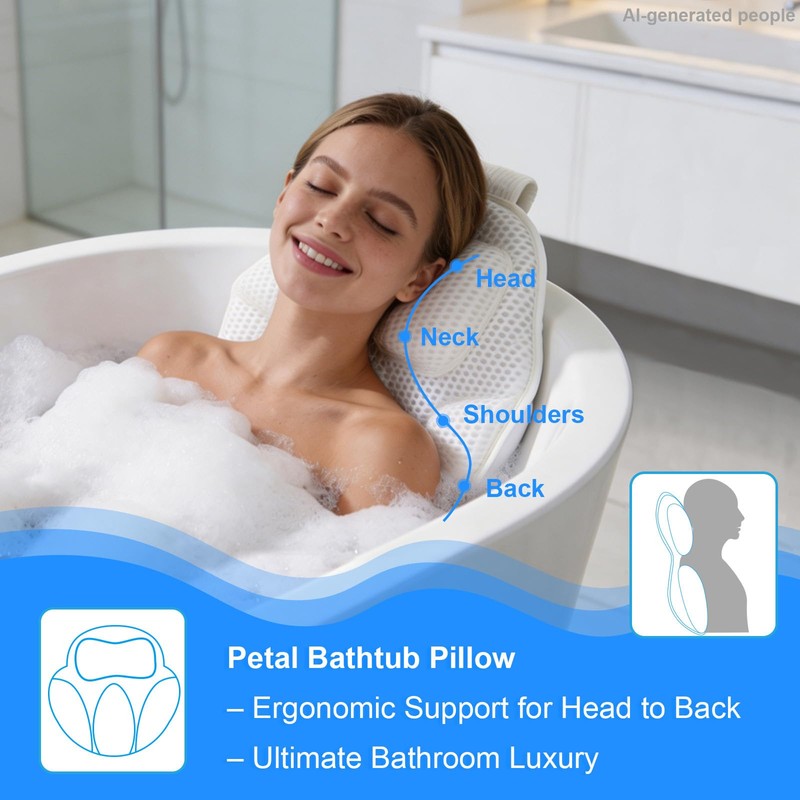 Extra Thick Petal-Shaped Bath Pillow for Head, Neck and Backrest,