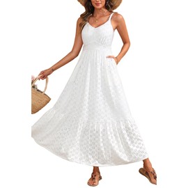 White Maxi Dresses Sun Summer Beach Long Flowy Boho Spaghetti Strap Casual Tiered Eyelet Dress Pockets 2025