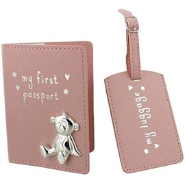 Oaktree Gifts My First Passport & Luggage Tag Set with metal teddy icon Pink