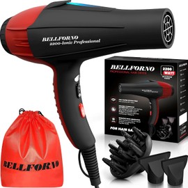 Secador de pelo profesional BELLFORNO iónico, 2200 W, motor CA potente, cerámica de turmalina, silencioso con difusor y 2 boquillas concentradoras, negro y rojo