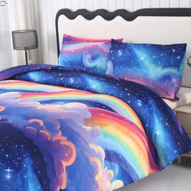 MAG 3Pcs Pink Microfiber Rainbow Comforter Full Size Set,Galaxy Girls Boys Kids Toddler Space Sets,Space Comforter Full Size,Star Bedding Set,No Flat Sheet.