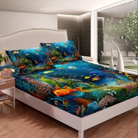 Kids Sheet Set Twin Cartoon Ocean Fish Bed Sheets Ocean Marine Theme Bedding Set for Boys Girls Soft and Cozy Sea Underwater World Sheets Set with Sealife Deep Pocket Fitted Sheet,Vibrant