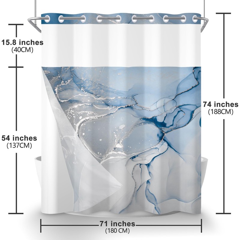 AWERT No Hook Shower Curtain with Snap in Liner Blue