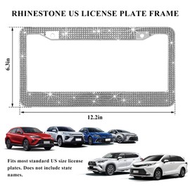 SHMZK Bling Car License Plate Frame, Handcrafted Rhinestone License Plate Frame with Glitter Screw Caps, Sparkly Bedazzled Diamond Stainless Steel License Plate Holder for Women (Gray)