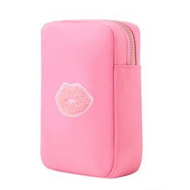 BLOC Bags Travel Makeup Bag, Cosmetic Bags for Women, Mini Makeup Bag, Cute Toiletry Bag, Beauty Bag with Chenille Patch, with Inside Zipper Pouch and Mesh Pockets (Pink Kiss, Bubblegum Pink)