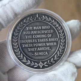 Stoic Challenge Coin – Premeditatio Malorum Design with Seneca Quote – Motivational Coin for Philosophy Enthusiasts and Collectors ﻿