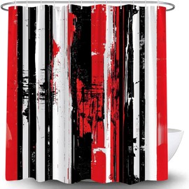Red Black Stripes Shower Curtain Modern Geometric Abstract Aesthetic Western Boho Vintage Mid Century Farmhouse Fashion Classic Neutral Fabric Bathroom Curtain Set with Hook