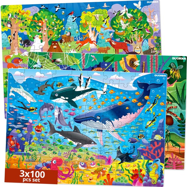 100 Piece Puzzles for Kids Ages 4-6 – 3 Floor Puzzles for Toddlers 3-5 by QUOKKA – Toy for Learning Ocean & Forest Animals for 6-8 yo – Jigsaw Toddler Game for Boy and Girl Ages 8-10