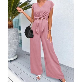 PRETTYGARDEN Ladies 2 Piece Outfits Plain Crop Tops Loose Fit Wide Leg Pants With Pockets Cute Summer Matching Sets(Solid Pink,Medium)