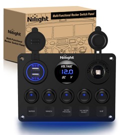 Nilight Nilight 90101E 5Gang Multi-Function 5 Gang Rocker Dual USB Charger + Digital Volmeter +12V Outlet Pre-Wired Switch Panel with Circuit Breakers for RV Car Boat Truck Trailer,2 Years Warranty,Blue