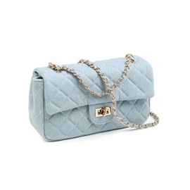 Feversole Crossbody Bag Vegan Leather Women Retro Small Saddle Satchel Shoulder Bag Tote With Long Adjustable Strap Blue Jean Quilted Metal Chain