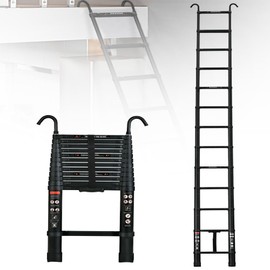 Qimu Telescoping Ladder 12.5FT Aluminum Extension Ladder with 2 Detachable Hooks - Multi-Purpose Portable Lightweight Ladder RV Collapsible Ladder, Anti-Slip Attic Ladder, Loft Ladder, 330 Lb Capacity