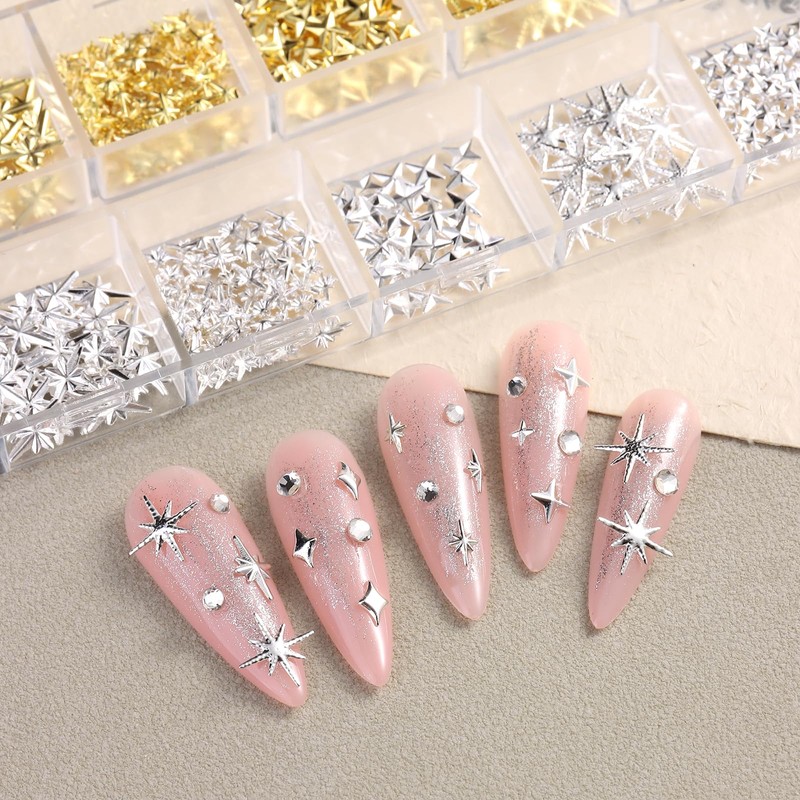3D Star Nail Charms, Gold & Silver Mixed Styles Metallic