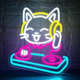 DJ Cat Neon Sign for Wall Decor Dimmable Cat Music Neon Light for Man Cave LED Light Up Sign for Music Room Studio Stage Dancing Hall Bar Bedroom Party Birthday Gift Art 13.6 * 11.8In (WZCP220)