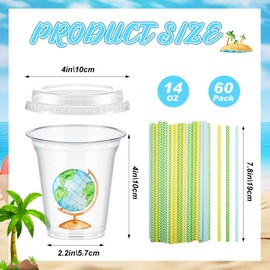 FoldTier 60 Pcs Watercolor Bon Voyage Party Travel-themed Plastic Cups with Lids and Paper Straws 14 oz Disposable Cups for Bon Voyage Favor Supplies Travel Birthday Party Decorations