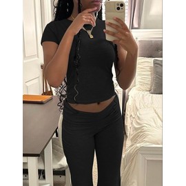 AYWA Women's 2 Piece Lounge Sets Short Sleeve Crop Top Foldover Flare Pants Casual Pajama Outfits (Black, Small)