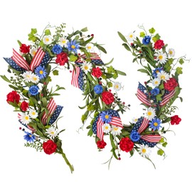 Bibelot 5.9Ft Artificial 4th of July Garland Wreath -Patriotic Garland with Red, White & Blue Daisies, Green Leaves, Berries & Flag Bow for Wall Table Independence Day Memorial Day Indoor/Outdoor