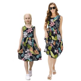 Mommy and Me Dress, Women Hawaiian Style Sleeveless Floral Printed Beach Midi Dress, Family Matching Dresses, Black, Size Small/Tag M