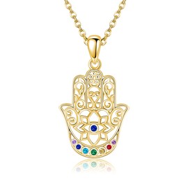 VENACOLY Hamsa Necklace Sterling Silver 925 Chakra Hand Of Fatima Necklaces Hamsa Charm Jewelry Gift For Women Female Yoga Lover Gifts (gold-plated)