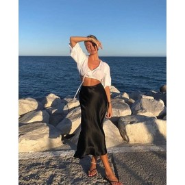 Zeagoo Womens Long Satin Summer Spring Skirt Silk Elegant High Waist Cocktail Party Wedding Flared A-Line Midi Skirts Black M