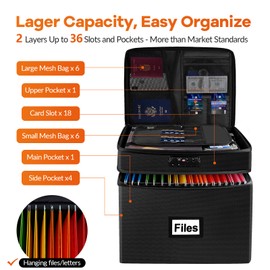 File Box with Lock, 2 Layers Fireproof Document Box, Waterproof Portable File Storage Organizer, 36 Pockets Fire Resistant File Box Organizer,Adjustable Handle for Hanging Letter/Legal Folder