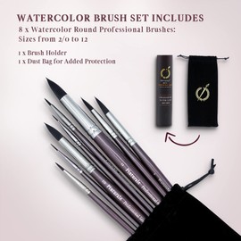 Pinturale Watercolour Brush Set for Professionals, Round Series, 8 Watercolour Brush Set, High Absorption and Control of Water for Constant Colour Flow, Watercolour Brush for Artists, Watercolour