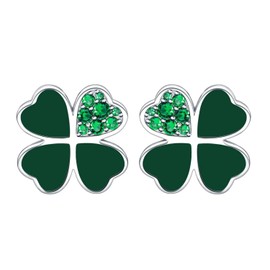 Qings Four Leaf Clover Stud Earrings 925 Sterling Silver Heart Lucky Charm Green Leaf Stud Earrings St Patricks Day Flower Jewellery Gift for Women Girls, Sterling Silver, Cubic Zirconia
