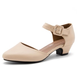 Enelauge Women's Ankle Strap Closed Toe Low Chunky Heel Dress Work Pumps Matte Nude 46-11.5 US