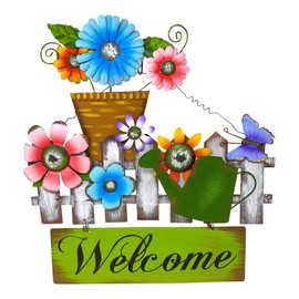 Hanna's Handiworks Welcome Metal Flowers Bugs Sign Wreath for Wall Front Door Fence Display Home Office Multicolor Rustic Decor 17inch x 16inch (Multicolor Flowers & Butterfly)