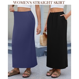 Huukeay 3 Pack Long Maxi Skirts for Women, Back Slit Ankle Length Casual Skirts Elastic Waist Soft Pencil Skirts with Pockets(Black, Apricot, Haze Blue,Medium)