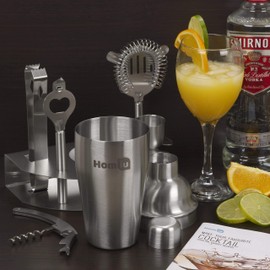 Homiu Cocktail Set Deluxe 8 Piece with Table Stand, Premium Bartender Kit with Recipe Book Stainless Steel Bar Gift