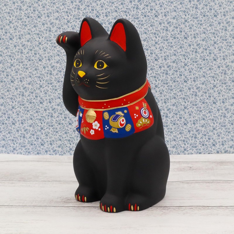 Yakushiken Maneki Neko (Black, Large) Fukushi (Good Luck Seal Included)