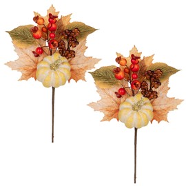 Arborus 2PCS Artificial Fall Picks Fake Pumpkin Maple Leaves with Red Berries, 14" Faux Fall Greenery Branches Autumn Décor for Vase Farmhouse Kitchen Decoration